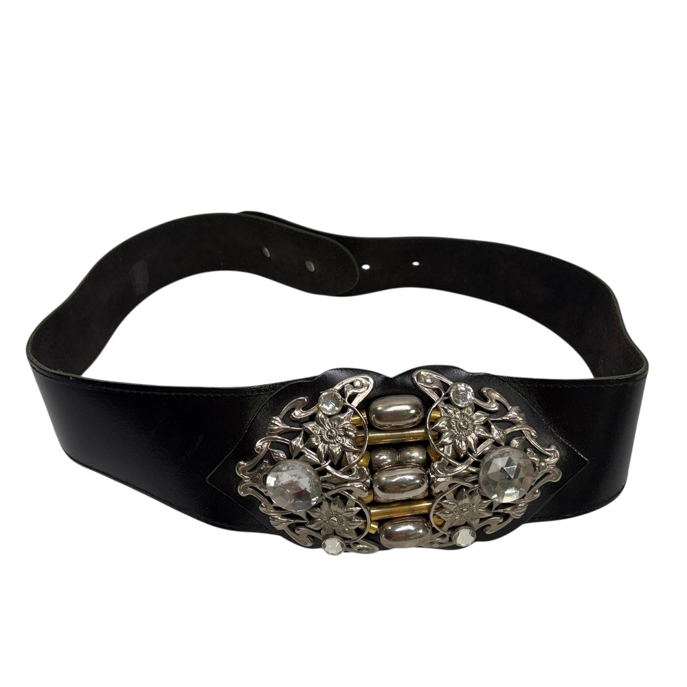 VTG Ornate Floral Enzian Tracht Austria Statement Belt Black Leather Silver Gold
